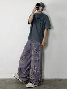 1件男士街头休闲宽松牛仔裤，拼接刺绣做旧水洗阔腿裤（不含腰带和配饰） - 紫色 - 查看 6