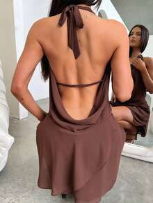 Women's Sleeveless Halter Deep V Cowl Neck Mini Dress Open Back Irregular Ruffle Hem Short Party Club Dresses - Coffee - View 2