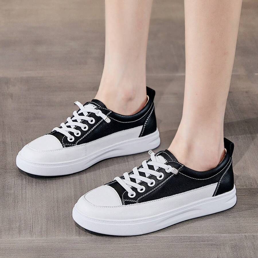 Breathable Genuine Leather Shoes Women, Versatile Sneakers, Flat Sole, Sports Casual Soft Sole, Thick Sole Women - 黑色 - 查看 1