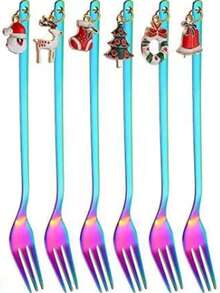 6PCS不锈钢圣诞勺高美咖啡勺甜品勺叉跨境圣诞挂件勺叉手持礼物精美圣诞节咖啡勺水果叉餐具套装 - 彩色 - 查看 4