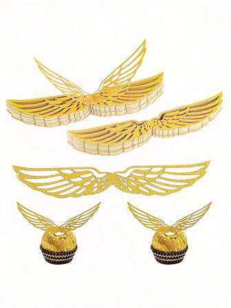 20片金色巫师翅膀（带粘点）包装纸装饰，优雅闪光纸羽毛设计，适用于圣诞树装饰、生日派对和奇幻主题活动包装用品