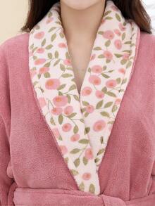 1件女士粉色樱花图案睡袍，绒面法兰绒材质，带口袋，柔软保暖舒适，配有腰带，拼接和服领，可爱卡哇伊冬季酒店水疗睡衣 - 彩色 - 查看 9