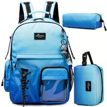 3-Piece Teen Backpack Set, Includes Multi-Pocket School Bag, Crossbody Bag And Pencil Case, Leather Design, Suitable For Classroom, Travel, Back To School Daily Use - Blue 17014 - View 1