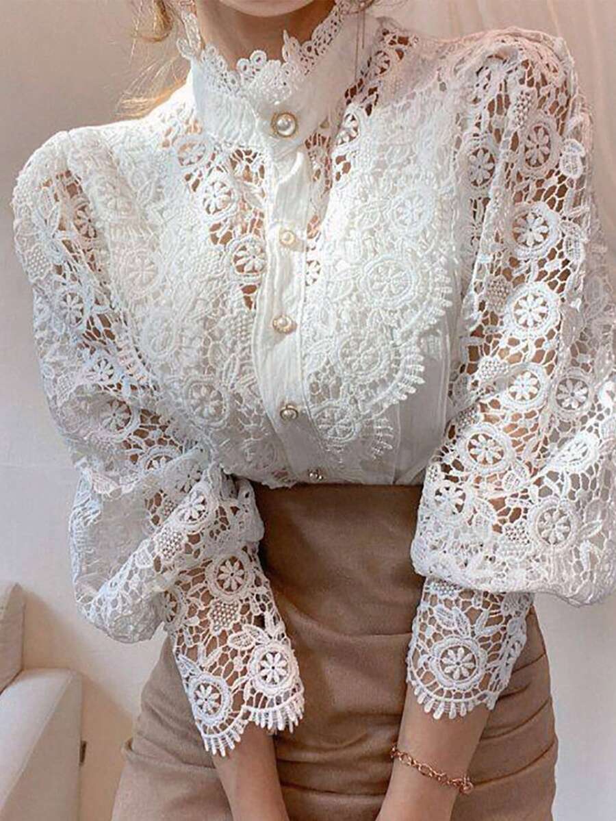 Women's Lace Blouse, Long Sleeve Shirt With Lace Buttons - trắng - Xem 1