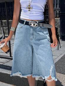 Women's Distressed Asymmetrical Hem Capri Denim Jeans Casual Summer - Light Wash - View 6