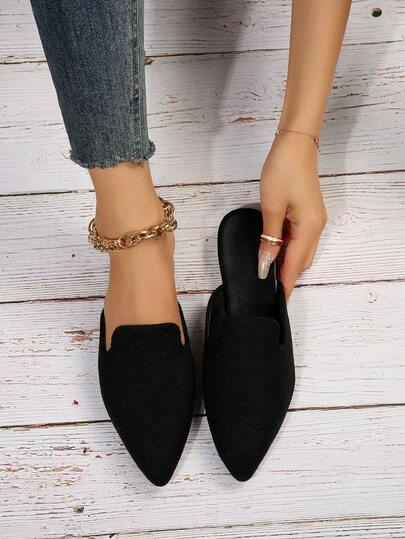 女士时尚黑色尖头穆勒平底鞋，一脚蹬休闲户外舒适百搭轻便乐福鞋，适合春秋季
