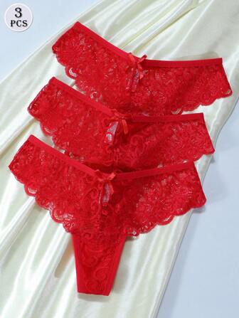 3Pcs/Set Sexy Lace Thongs Underwear Low-Rise Panties For Woman