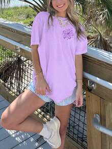 Oversized Y2k Graphic T Shirt For Women Teens Girl Floral Shells Starfish Butterfly Print Short Sleeve Baggy Tee Shirts Loose Fit Vintage Aesthetic Coastal Tops Summer Beach Vacation Preppy Going Out Tops Streetwear - 紫色 - 查看 6