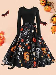 Vestido de festa elegante vintage de Halloween, estampa de caveira de abóbora, gola redonda, cintura alta, patchwork, manga comprida, com fita - Preto - Ver 1