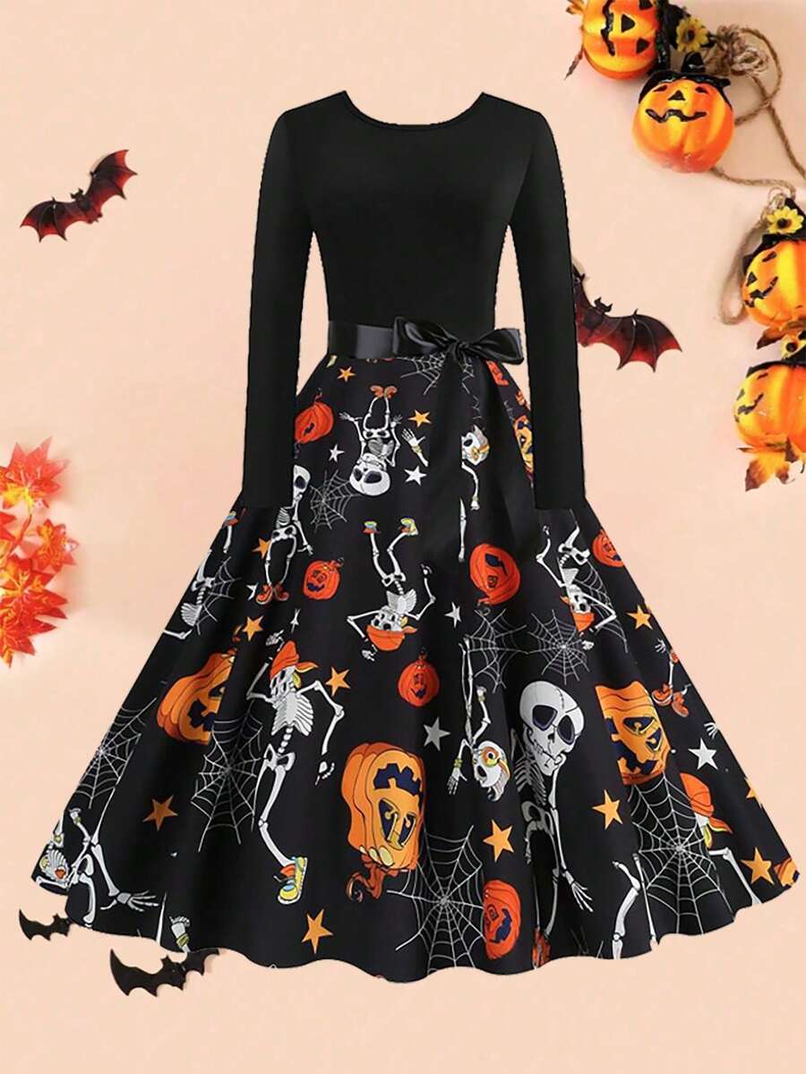 Vestido de festa elegante vintage de Halloween, estampa de caveira de abóbora, gola redonda, cintura alta, patchwork, manga comprida, com fita - Preto - Ver 1
