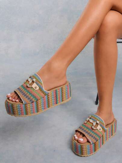  Sandálias de plataforma trançadas Revreal com fivela enfeitada, estilo boêmio, casual, para áreas externas, para rua, fofas, fofas, de praia, sexy, fofas, elegantes, para festas, com strass