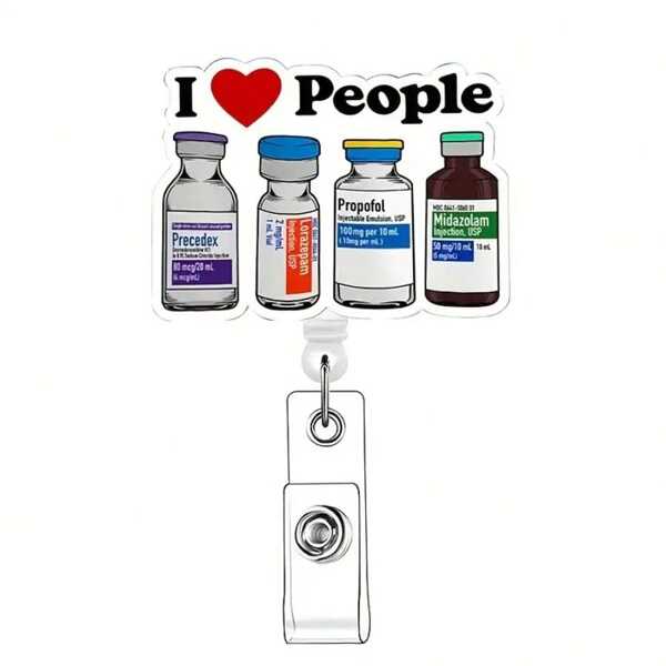 1pc Acrylic Badge Reel Retractable Clip: "I Love People" Design, ID Badge Holder Reel, Suitable For Nurses, Doctors, Hospital Staff, Social Workers, Teachers, Gifts