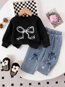 2 件套女婴蝴蝶印花黑色圆领长袖运动衫和蝴蝶装饰松紧腰牛仔裤套装 - 黑色 - 查看 1