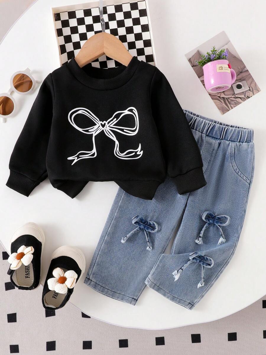 2 件套女婴蝴蝶印花黑色圆领长袖运动衫和蝴蝶装饰松紧腰牛仔裤套装 - 黑色 - 查看 1