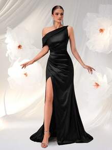 ADYCE 1 件纯色褶饰高腰开衩下摆鸡尾酒会晚礼服、婚礼宾客礼服、正式礼服、长袍 - 黑色 - 查看 6