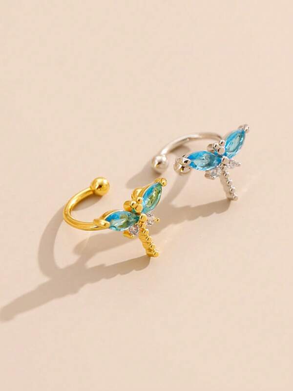 2 piezas Pendientes de clip con libélula de zirconia azul, diseño elegante y diminuto, adecuado para estudiantes y adultos, sin necesidad de perforación
