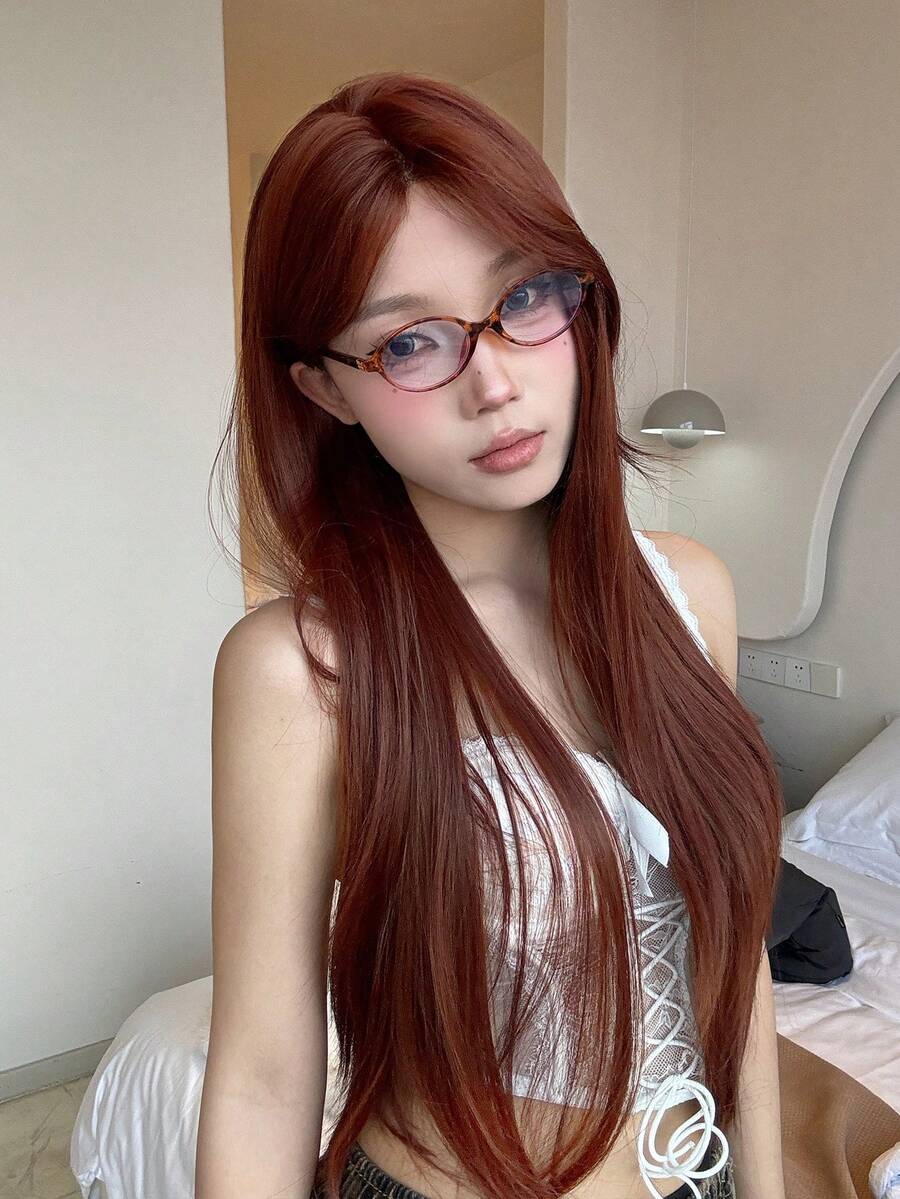 alicegarden Forehead Lace 4 * 1, Forehead Lace Straight Wig, Red 32 Inch Daily Natural Semi Woven, Natural Daily Use Realistic Wig - Red - View 1