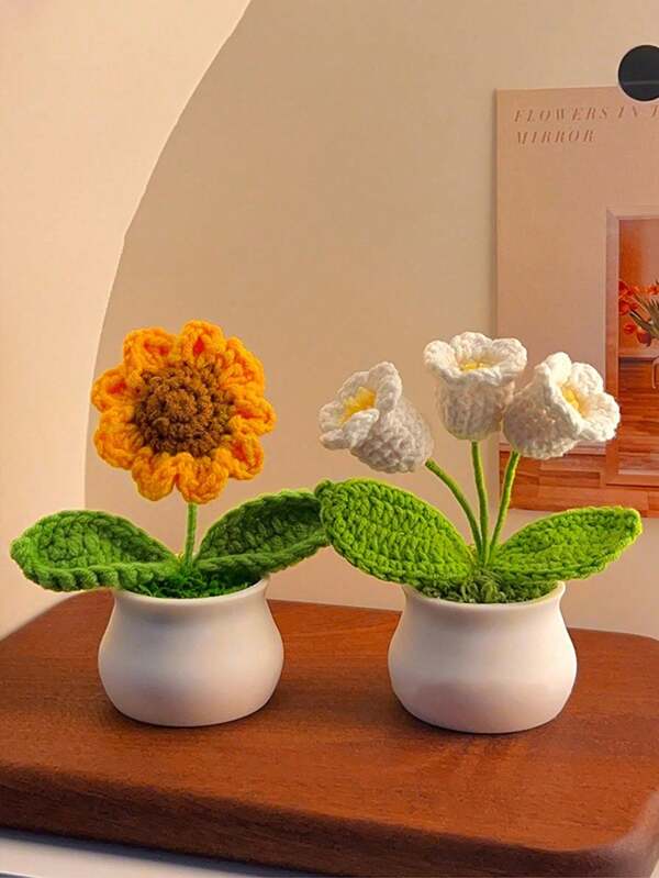 1pc Handmade Knitted Sunflower Potted Plant, Artificial Flower Bouquet, Birthday Gift For Her