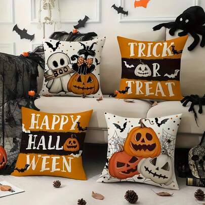 4 件/1 件万圣节主题派对装饰枕套 - 饰有幽灵、黑猫、南瓜和蝙蝠图案，18x18 英寸 | 带拉链封口 | 耐用涤纶材质 | 沙发、卧室和客厅装饰，用于万圣节装饰、派对用品和家居装饰。无填充材料