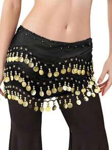 Performance Dance Hip Accessory With Dangling Coins, Belly Dance Scarf - Black - View 5