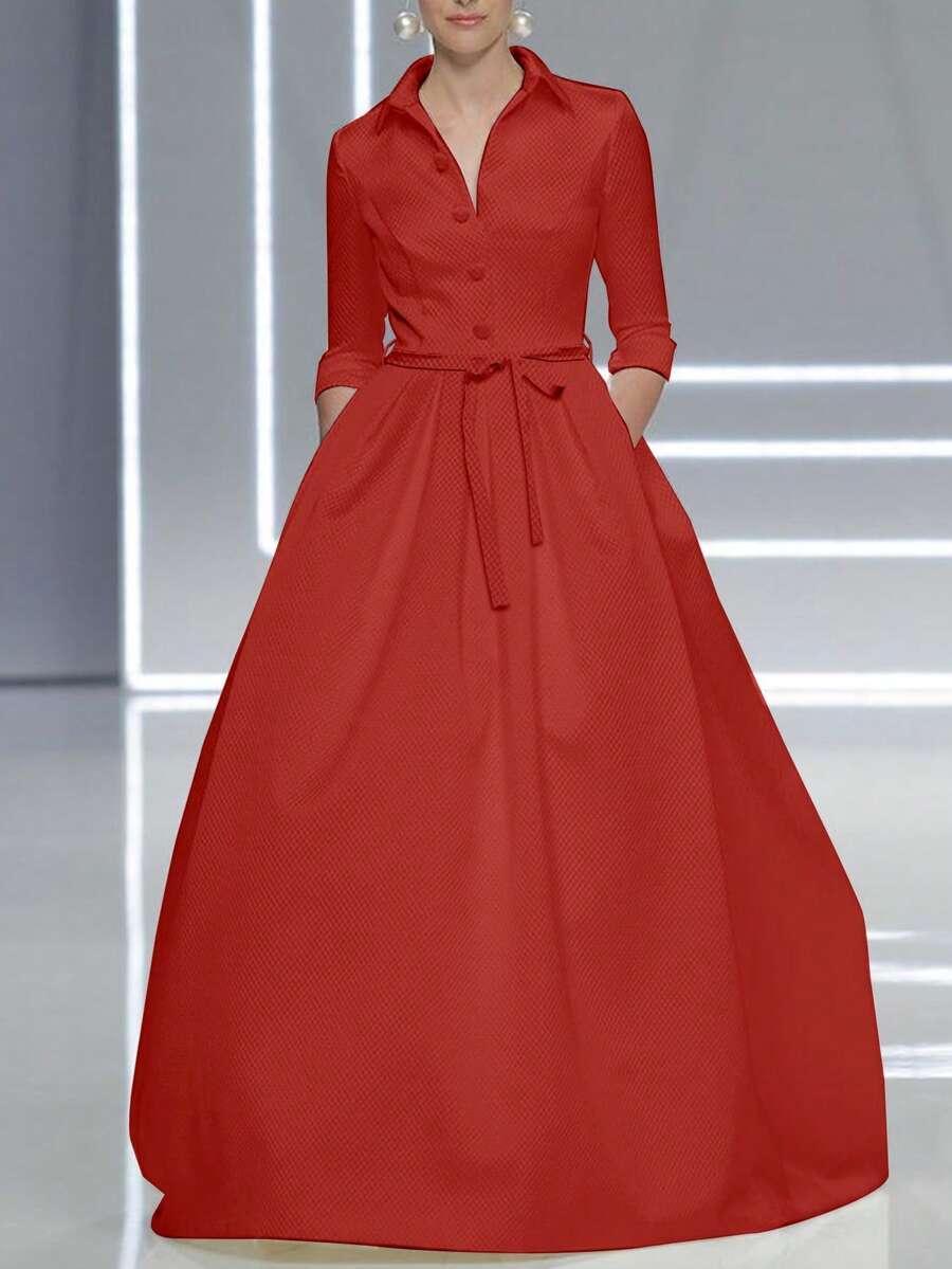 Elegant Solid Color Pocket Collar Dress Spring - Burgundy - View 1