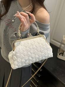 2025年新款花卉链条正装手拿包，时尚手提包，单肩包和斜挎包，纯色，款式多样 - 白色 - 查看 4