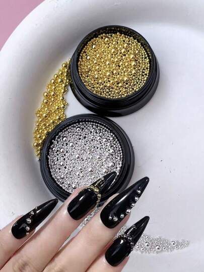 2-pack tredimensionell rund design nagelkonst dekorationsboll, stålkula DIY nageltillbehör, nagelberlock, nagelstenar, nagel, liten stålkula, nagelsalong, slumpmässig blandning av olika storlekar