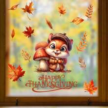 秋季松鼠和枫叶窗贴 - “你好秋天”或“感恩节快乐”文字自粘秋季装饰，暖色调，适用于客厅、卧室、走廊 - 耐用塑料季节性家居装饰，秋季家居装饰，节日房间装饰，秋季主题艺术品，易于粘贴的贴纸，舒适的秋季主题，高品质 PVC，DIY 爱好者