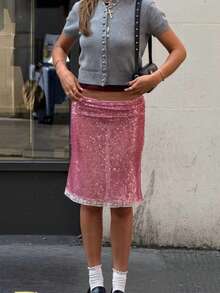 Women's Y2k Sequin Midi Skirts Lace Trim Knee-Length Skirt Sparkly Summer Bodycon Low Rise Skirts See Through Casual Dating Going Out Outfit Beach Vacation Aesthetic Clothes Streetwear Party Clubwear - Hồng - Xem 7