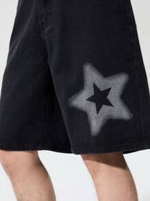 1pc Star Print Pattern Bermuda Loose Men's Denim Shorts - Black - View 5