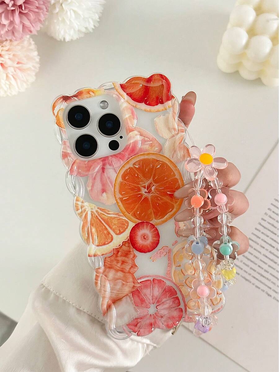 Dried Flowers And Dried Fruits Braided Wave Edge Minimalist High-End TPU Orange Seashell Painted Anti-Fall Phone Case Protective Cover With Handmade Beaded Bracelet Accessories, Compatible With IPhone 16/11/16pro/16plus/16promax/16e/15Promax/13/14/12/XS/XR/7G/8PXR /7/8, IPhone 15 Promax, IPhone 13, IPhone 14, IPhone 11, P12, X, IPhone 12/14 Painted TPU Anti-Fall Soft Case - Multicolor - View 1