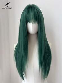 深绿色动漫假发，适合角色扮演和日常使用 - 长直合成发，带刘海，男女通用可调节帽子，适合角色扮演、派对、节日和所有种族万圣节派对（不包括配饰） - 綠色 - 查看 4