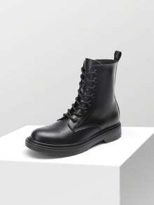 Women Lace-Up Combat Boots Ankle Booties Round Toe With A Lace-Up Front And Side Zipper Retro Motorcycle Boots - BLACK-MATTE - 查看 8