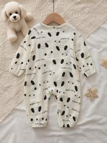 MommBaby Baby Boys Cartoon Puppy & Letter Random Ripple Button Front Long Sleeve Drop Seat Jumpsuit Jumpsuit, Cute Outfit For All Seasons