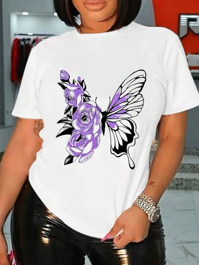 Butterfly Print Crew Neck Plus Size T-Shirt, Casual Short Sleeve Top For Spring & Summer, Women's Clothing,Ladies T Shirts, Versatile Clothing, Graphic Tee, Cotton Fabric,Printed Tee, Fashion Lovers