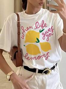 女士休闲柠檬图案字母印花圆领短袖 T 恤，夏季