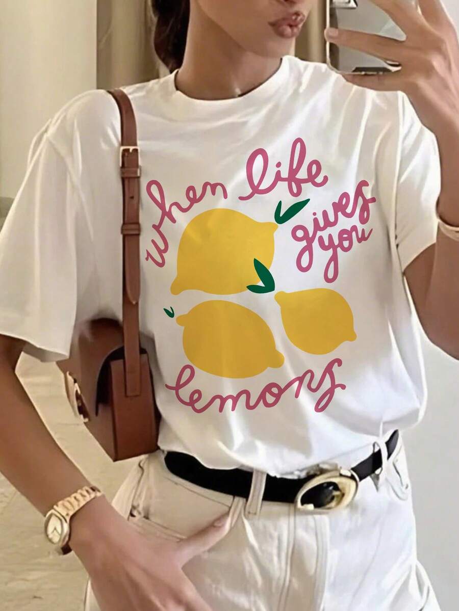 女士休闲柠檬图案字母印花圆领短袖 T 恤，夏季