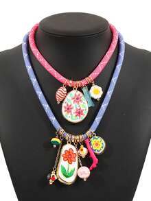 1 件时尚彩色绳和合金花朵、珊瑚、鸡蛋花吊坠项链，简约设计，适合女性 - 彩色項鍊 - 查看 5