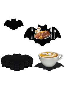 4 件万圣节蝙蝠形状餐垫、刀叉架、杯垫、糖果架，适用于家庭、厨房、酒店、酒吧、咖啡厅、餐厅等场合，完美搭配万圣节、节日派对等，营造节日气氛