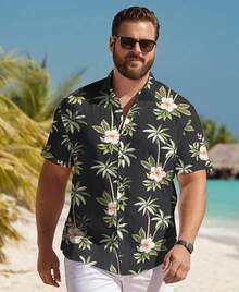 Big And Tall Men's Hawaiian Shirt - Short Sleeve, Tropical Floral Button Down Casual Summer Beach Shirthalloween - Black-green Palm - View 9