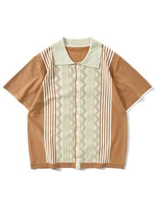 Casual Loose Striped Knit Short Sleeve Hollow Knit Shirt, Brand Niche Cuban Style Cardigan, Suitable As Gift For Husband/Boyfriend - Apricot - View 2