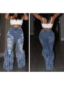 Women's Skinny Ripped Jeans Pearl Distressed Stretchy High Waisted Tassels Slim Fit Denim Pants Y2K Streetwear - 藍色 - 查看 3