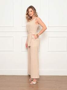 Women's Sleeveless Long Jumpsuit With High Waist Tie Belt And Side Pockets – Elegant And Comfortable - 米色 - 查看 2