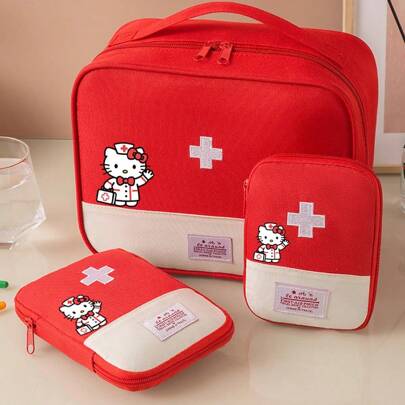Sanrio 1/3pcs Sanrio Hello Kitty Nylon Waterproof Outdoor Emergency Medical Kit, Rednet Zipper Portable Handle Medical And Epidemic Prevention Bag, Travel And Camping Family Emergency Medical Storage Bag, Medical Bag, Medical Storage Bag, First Aid Kit, First Aid Kit, Travel Accessories, Travel Organizer, Travel Necessities, Travel Supplies, Travel Bag, University Vacation, Cruise Ship, Summer Outdoor Camping, Hiking And Hunting Necessities