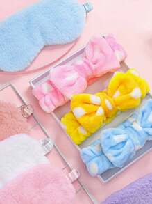 2 件/套返校毛绒睡眠眼罩和蝴蝶结头带套装，柔软涤纶亚克力绒毛遮阳罩，弹性头带，无电源派对礼物，适合水疗、睡衣派对和单身派对用品，适合旅行、办公室、飞机、火车、私家车、户外休息、化妆、洗漱用品，1 套（2 件）洗面奶头带眼罩，随机颜色旅行必备度假睡眠面罩