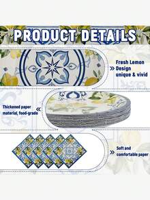 50 件 - 卡普里柠檬派对餐具用品、一次性蓝色纸盘、杯子和餐巾、带地中海柠檬餐具套装的蓝色瓷砖、用夏季柑橘水果装饰的派对餐具，适合婴儿周年纪念日、婴儿送礼会生日，最多可容纳 50 位客人。 - 多色 - 查看 4