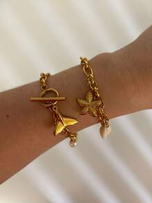 新款女士不锈钢链式手链，时尚 OT 扣设计，搭配海洋风格吊坠，适合个性化日常佩戴 - 金色 - 查看 3