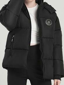 SOLOCOTE 少女加厚连帽拉链长袖冬季夹克，秋冬厚外套，雪地玩耍的圣诞礼物 - 黑色 - 查看 3