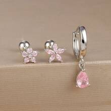 3pcs Square Pink Zirconia Flower Earrings Set For Women 18K Gold Plated Stainless Steel And Copper Helix Screw Cartilage Piercing Party Jewelry Accessories Valentines,Mom,Mother,Mother's Day,Gift