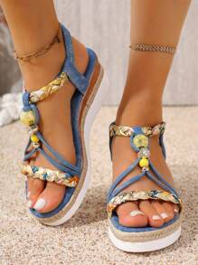 Women's Platform Sandals, Decorated With Big Pearls & Rhinestones, Bohemian Open Toe Thick Bottom Shoes. Paired With Elastic One-Push Design Mid-Heel Comfortable Thick Sole Wedge High Heel Lightweight Casual Woven Hemp Roman Sandals, Suitable For Summer